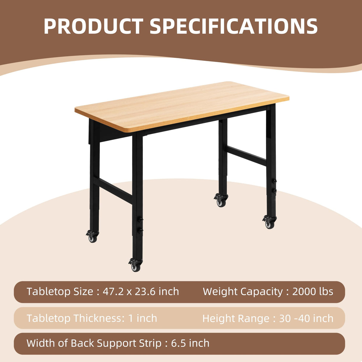 48" Adjustable Workbench with Wheels, Rolling Work Table for Garage, 2000 LBS Capacity Hardwood Work Bench, Heavy Duty Table for Workshop, Office, Garage, Home spanspace