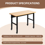 48" Adjustable Workbench with Wheels, Rolling Work Table for Garage, 2000 LBS Capacity Hardwood Work Bench, Heavy Duty Table for Workshop, Office, Garage, Home spanspace