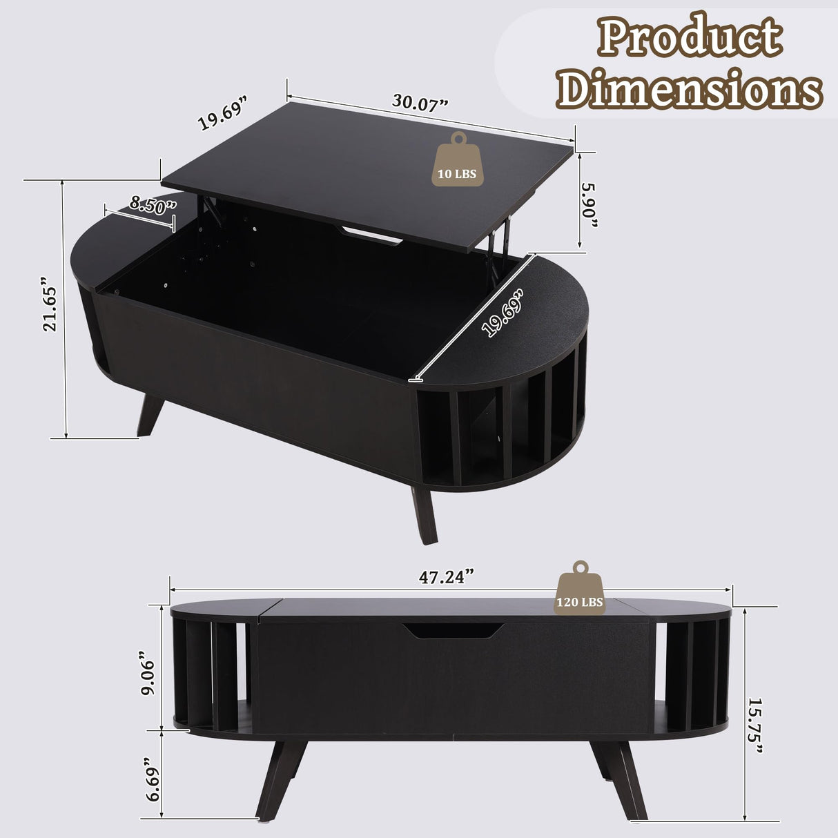 FurSch Wood Lift Top Coffee Table with Hidden Storage, 47.24" Oval Lift Table Top Curved Profile Design Conversation Table for Living Room, Office (Black) FurSch