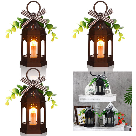 3 Pieces Farmhouse Decor Mini Lanterns Rustic Tiered Tray Decor with LED Candle Christmas Centerpieces Hanging Ramadan Wedding Lantern with Eucalyptus and Buffalo Plaid Vintage Battery Operated(Black) Hortsun