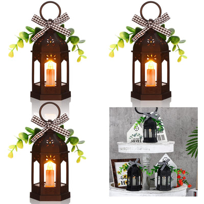 3 Pieces Farmhouse Decor Mini Lanterns Rustic Tiered Tray Decor with LED Candle Christmas Centerpieces Hanging Ramadan Wedding Lantern with Eucalyptus and Buffalo Plaid Vintage Battery Operated(Black)