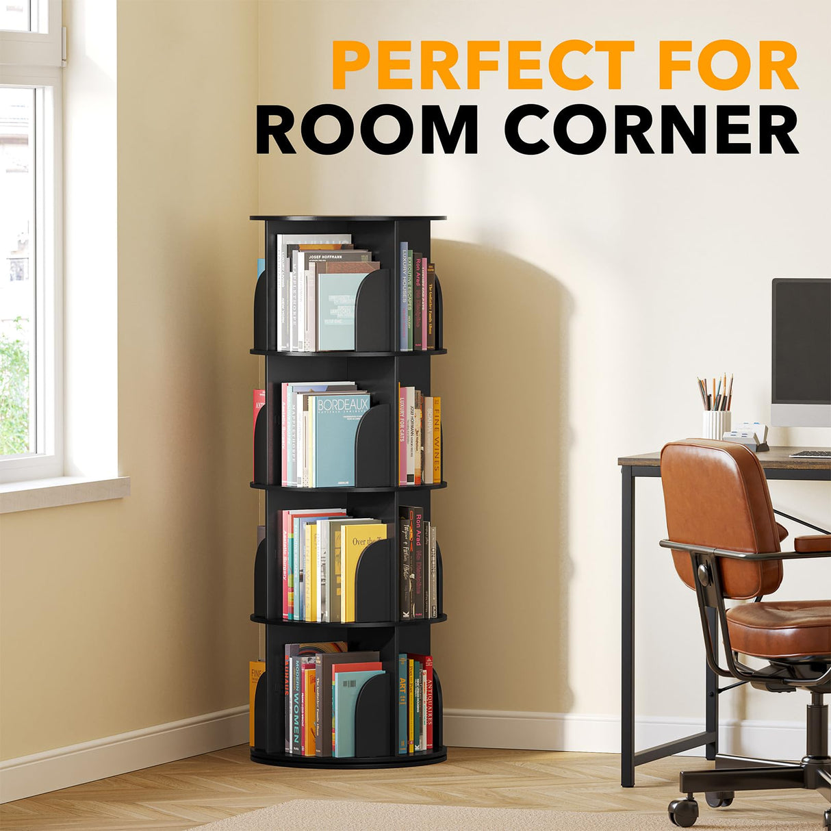 SpaceAid 4 Tier Rotating Bookshelf Tower, Spinning Bookcase Lazy Susan, Revolving 360 Book Shelf Storage Round Carousel, Vertical Rotate Turning Spiral Corner Organizer, Black SpaceAid