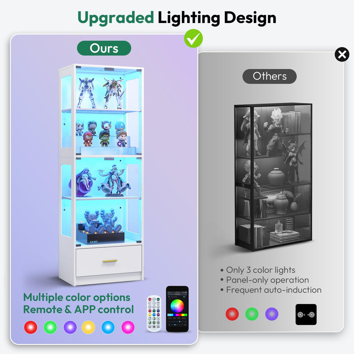 Lamtor Glass Display Cabinet with Doors - Curio Cabinet with Dynamic LED Lights for Collectibles, 67" Display Case with 4 Tier and Drawer for Figure, Toys, Books, White(Narrow) Lamtor