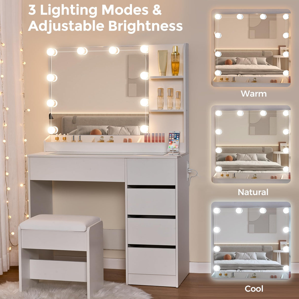 ANWBROAD Makeup Vanity Desk with Lighted Mirror & Power Outlet 35.4" Vanity Table Set with Glass top 5 Drawers Shelves Small Modern Dressing Table 3 Lighting Colors Stool Bedroom White Girls UBDT74W ANWBROAD
