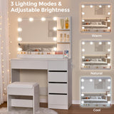 ANWBROAD Makeup Vanity Desk with Lighted Mirror & Power Outlet 35.4" Vanity Table Set with Glass top 5 Drawers Shelves Small Modern Dressing Table 3 Lighting Colors Stool Bedroom White Girls UBDT74W ANWBROAD
