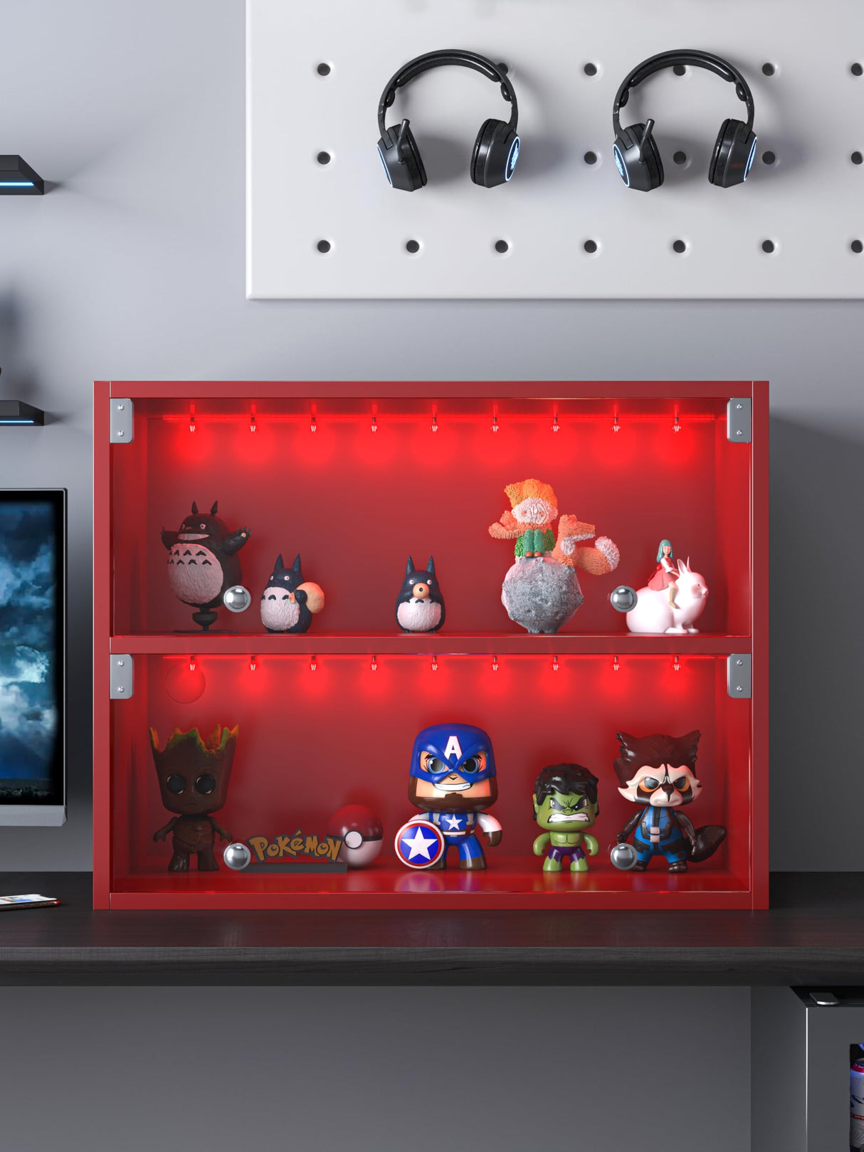 CHF DPT Red LED Shoe Case with Sliding Glass Doors and LED Lights for up to 6 Pairs of Sneakers, Sneaker Case for Sneakerheads, Stackable and Wooden Shoe Rack CHF DPT