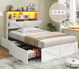 AOGLLATI Farmhouse Twin Bed Frame with 4 Storage Drawers and Charging Station,Wooden Led Twin Bed with Storage Hidden Space Headboard and Metal Slats,No Spring Box Needed,White AOGLLATI