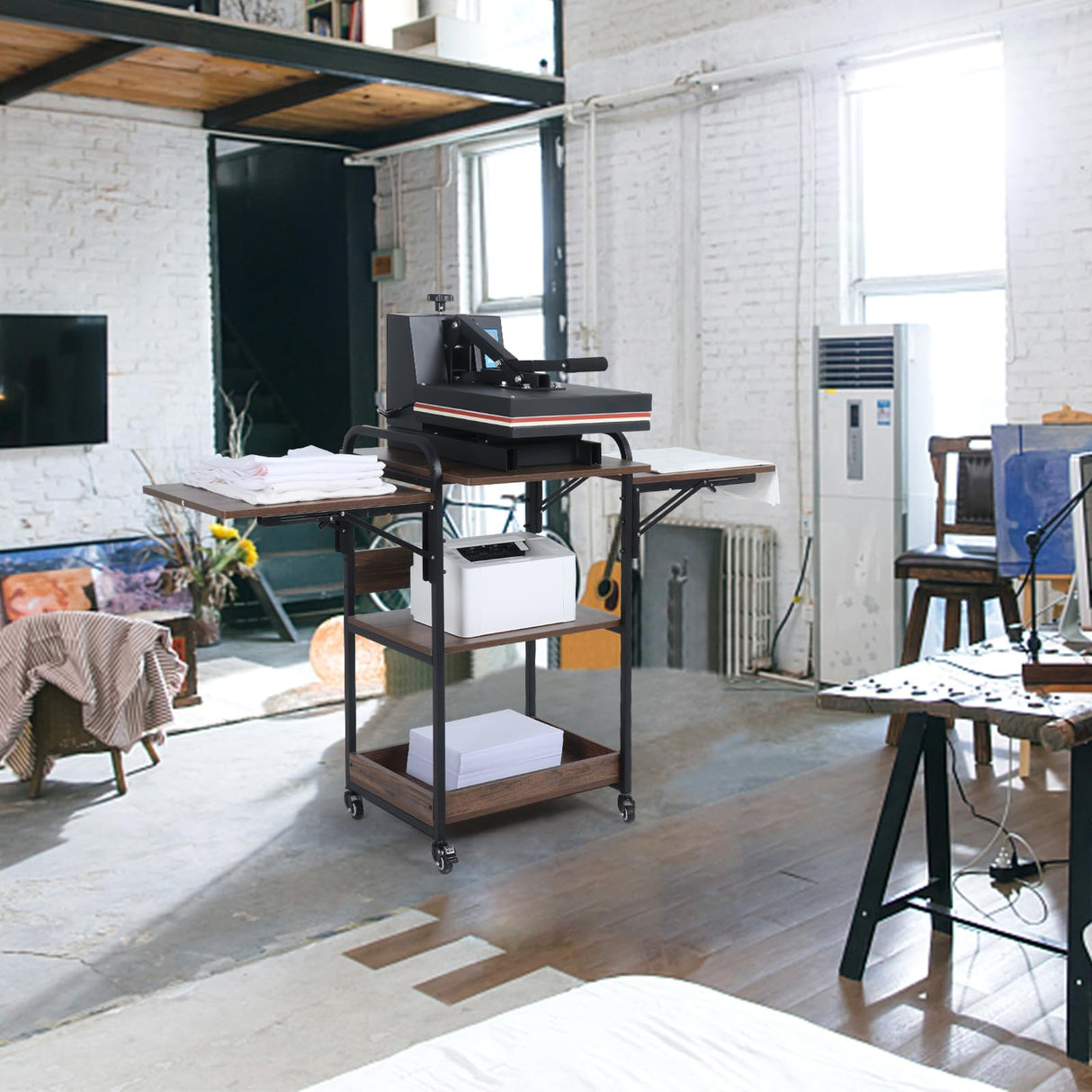 Kokorona 3 Tier Heat Press Table, Movable Heat Press Stand for Storage, Heavy Duty Heat Press Stand with Folding Working Table, Rolling Craft Station for Sublimation Print and Transfer Machine Kokorona