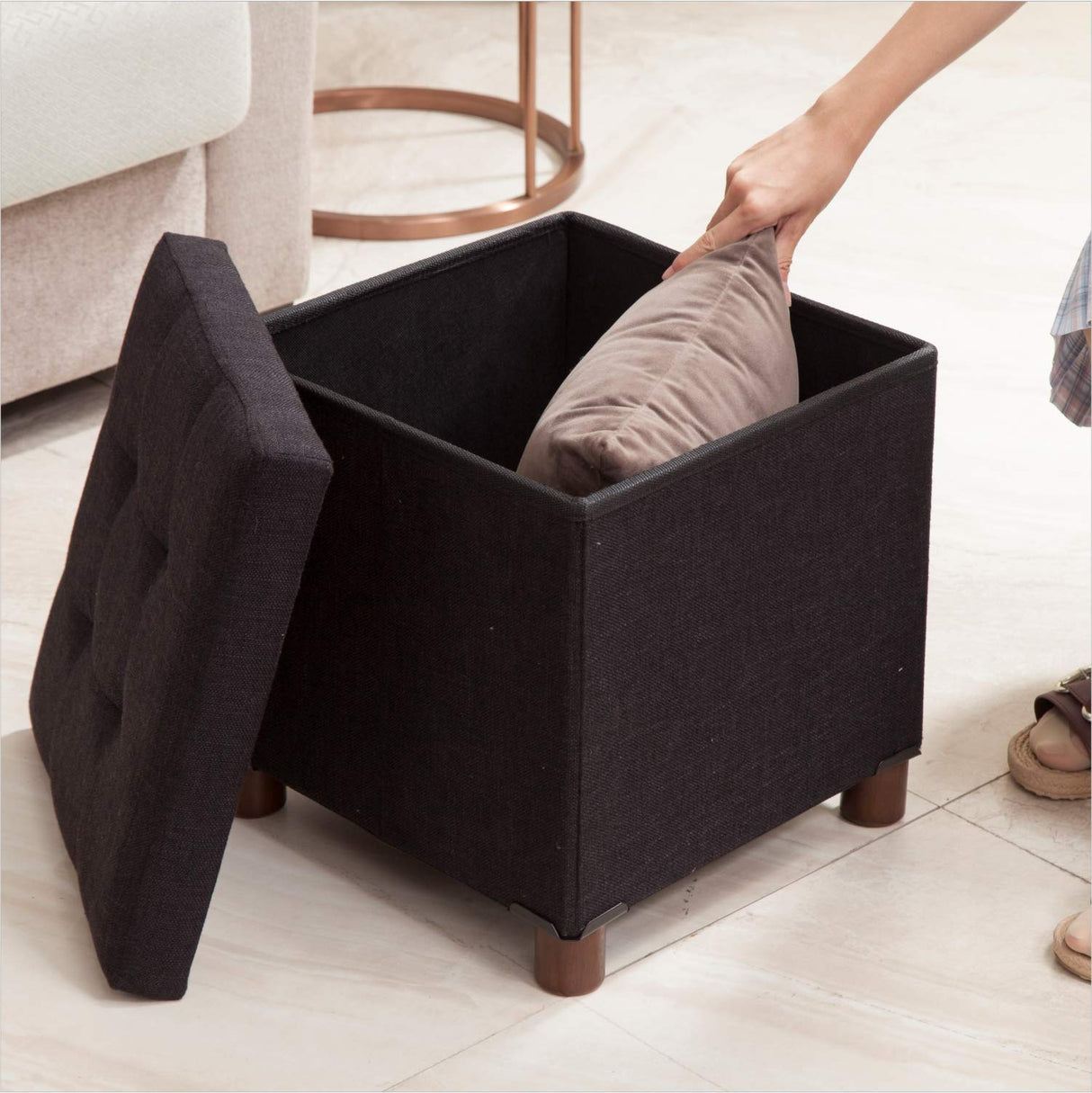 15 Inches Storage Ottoman with Wooden Legs Cube Foot Rest Stool, Square Footstool Storage, Ottoman with Storage for Living Room, Foldable Fabric Ottoman, Comfortable Seat with Lid, Space-Saving Black Ao Lei
