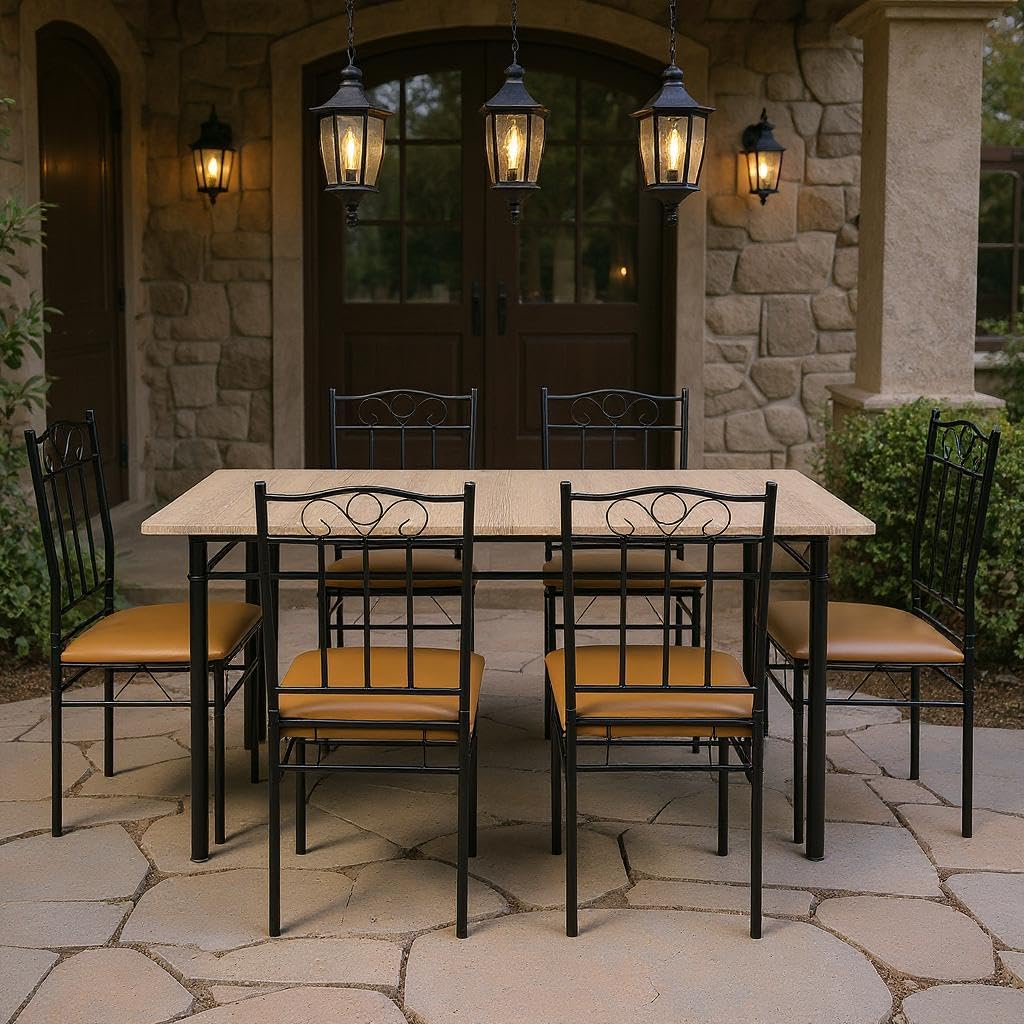 Homy Casa Outdoor Patio Dining Set, 7-Piece Table & Chairs, Wood Grain Top & Metal Frame, Ideal for Deck, Garden & Balcony Gatherings Homy Casa