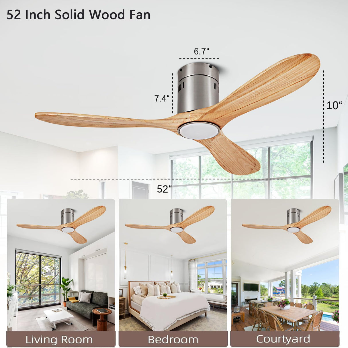 52” Ceiling Fan with Light with 6 Speed Remote/APP Control, Solid Wood Fan Blade, 3CCT Dimmable LED, Noiseless, Bedroom, Hallway Recessed Ceiling Fan dearnow