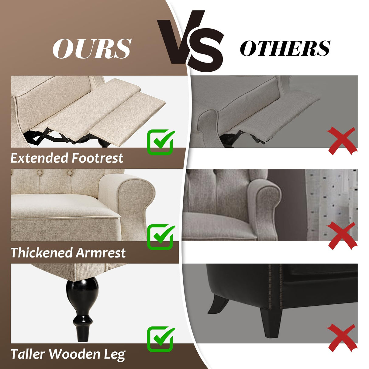 Jocisland Recliner Chair, Accent Wingback Chairs for Adults Living Room Bedroom, Small Tufted Push Back Club Single Sofa Armchair (Beige) Jocisland