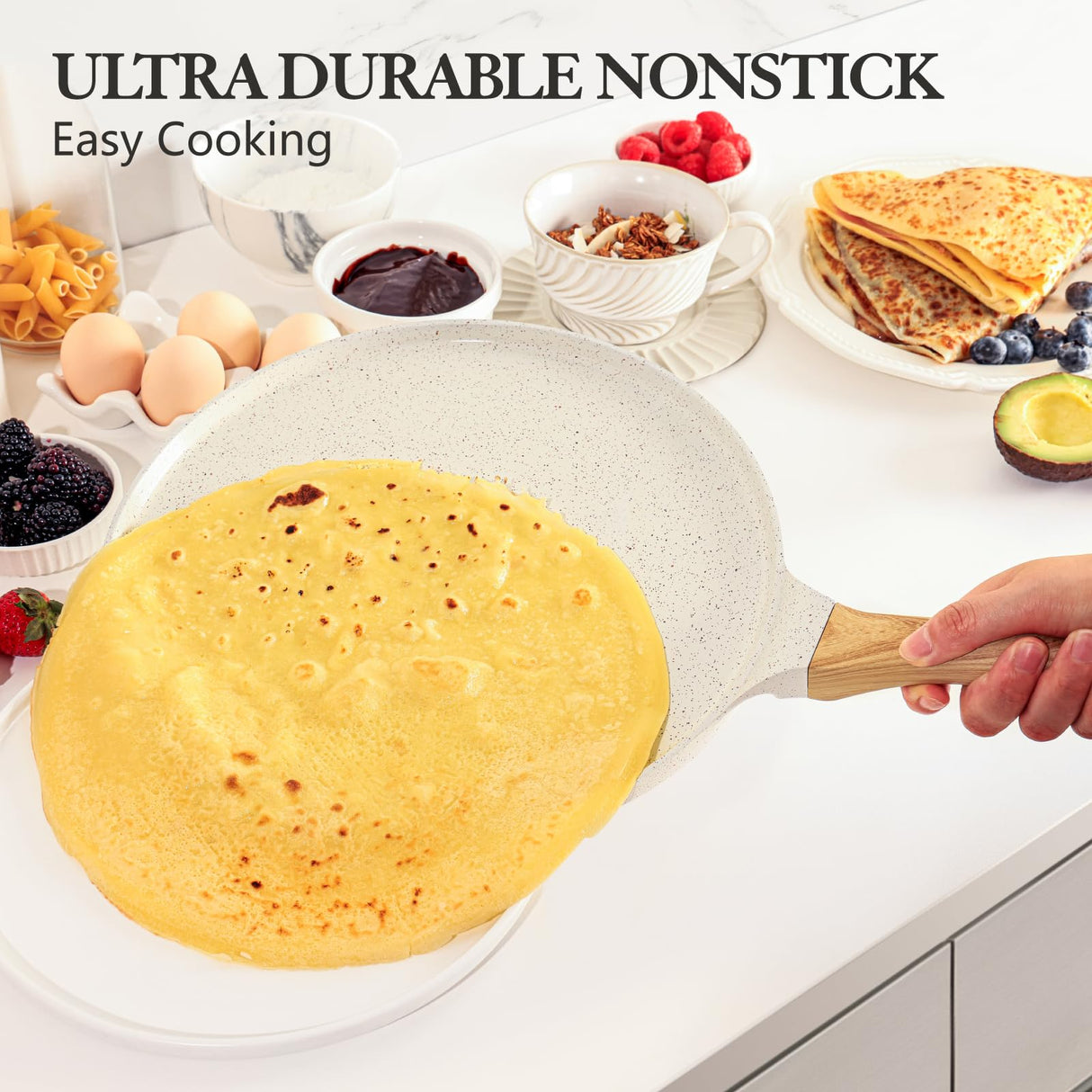 SENSARTE Nonstick Crepe Pan with Spreader, 10-Inch Natural Ceramic Coating Dosa Pan Pancake Flat Skillet Tawa Griddle with Stay-Cool Handle, Induction Compatible, PFOA Free (White) SENSARTE