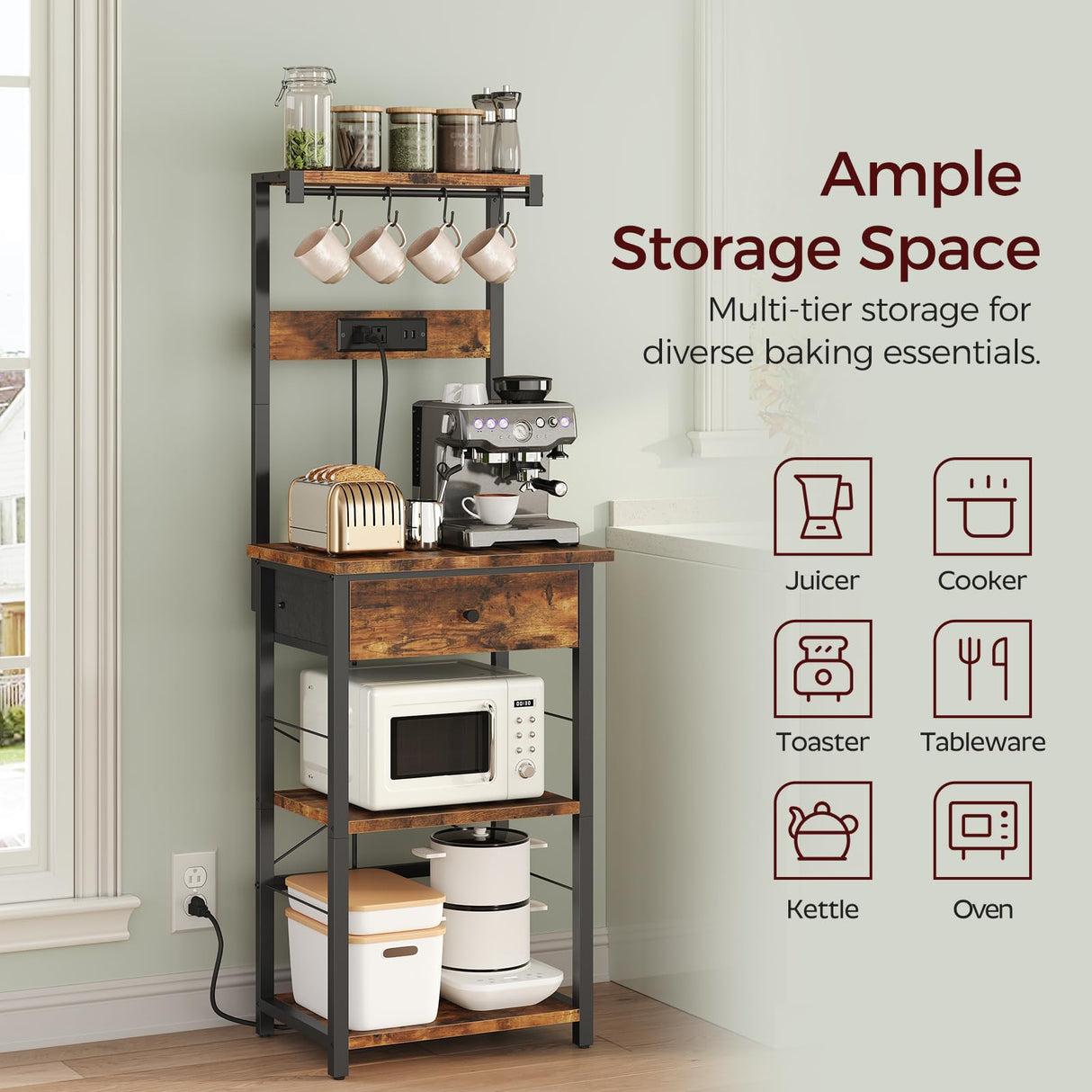 MAHANCRIS Bakers Rack with Drawer, Microwave Stand with Power Outlet, Coffee Bar Station with 4 Hooks, Kitchen Storage Shelf Rack 4 Tiers, for Kitchen, Dining Room, Rustic Brown and Black BRHR48E01 MAHANCRIS