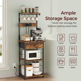 MAHANCRIS Bakers Rack with Drawer, Microwave Stand with Power Outlet, Coffee Bar Station with 4 Hooks, Kitchen Storage Shelf Rack 4 Tiers, for Kitchen, Dining Room, Rustic Brown and Black BRHR48E01 MAHANCRIS