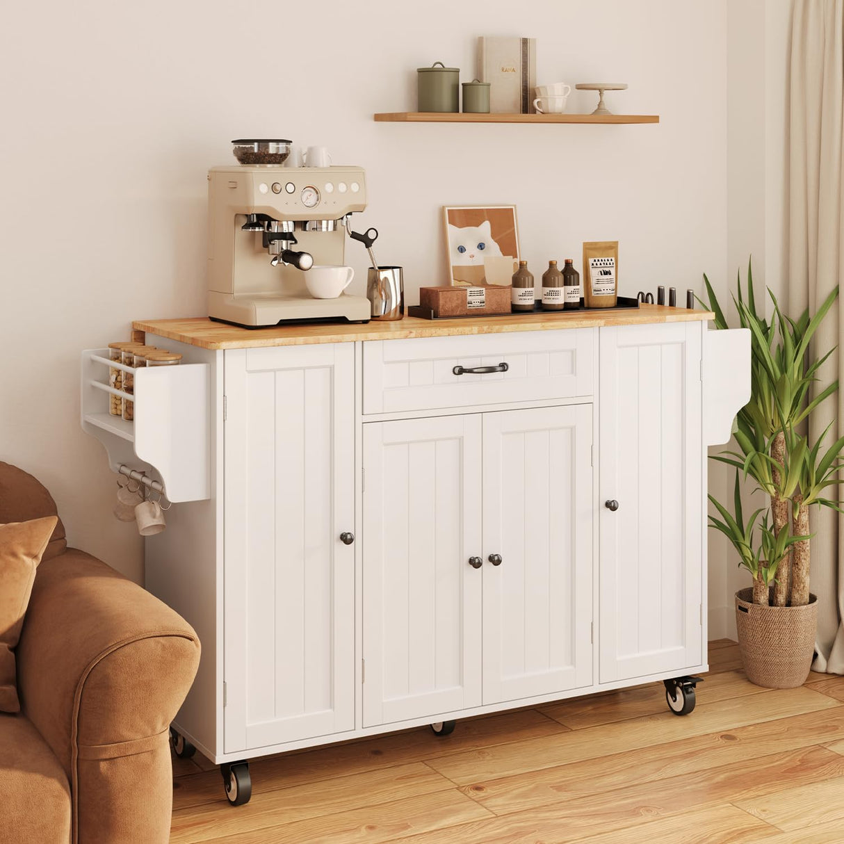 Ahomly Kitchen Island with Storage, 47.6" Rolling Kitchen Island on Wheels with Drop Leaf, Door Cabinet, Drawer, Spice Rack, Towel Rack and Knife Holder, Kitchen Cart Island Table for Kitchen, White Ahomly