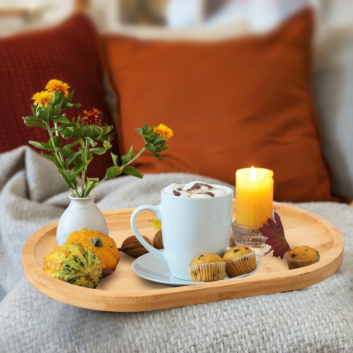 Tanlade 4 Pieces 12 x 7.5 Inch Wooden Serving Tray, Oval Serving Tray Rustic Wood Trays for Crafts Large Decorative Wooden Serving Platter for Tea Coffee Table Food Kitchen Dessert Veggie (Bamboo) Tanlade