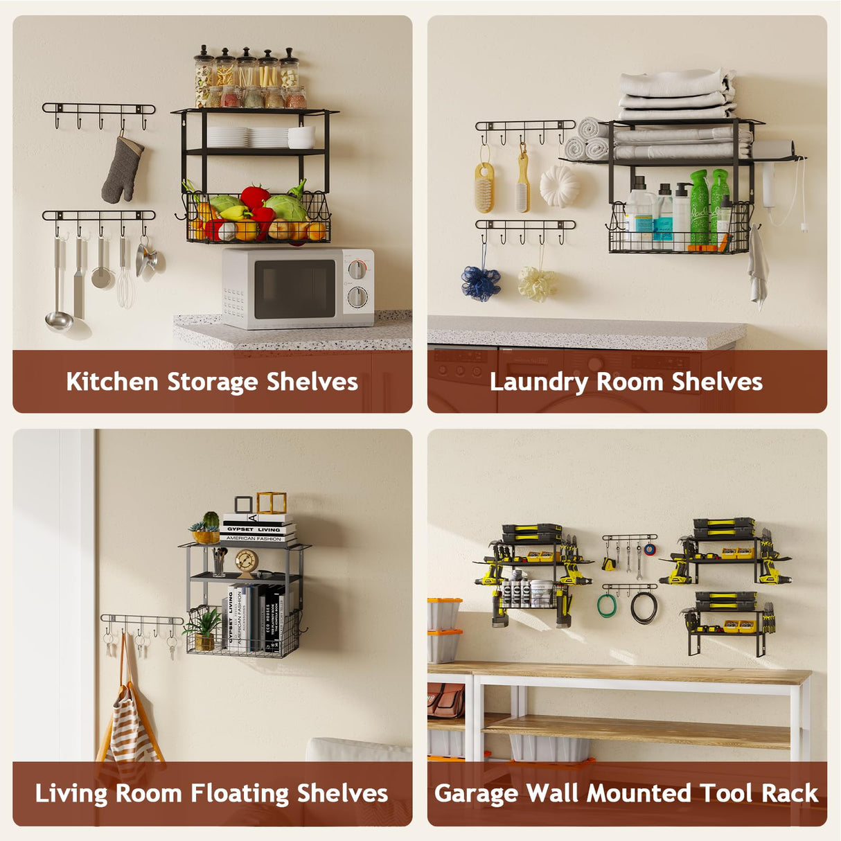 Homsorout Garage Shelves Wall Mounted - with Wire baskets, Heavy Duty Garage Wall Shelving with Hooks, Wire Shelf Baskets Tool Organizer for Home Garden Garage Organization and Storage Homsorout