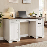 56" Farmhouse Executive Desk with File Drawer, Large Modern Computer Desk with Charging Station, Wood Home Office Desks with Storage, Adjustable Shelf, for Study Work Writing Living Room (White) ONBRILL