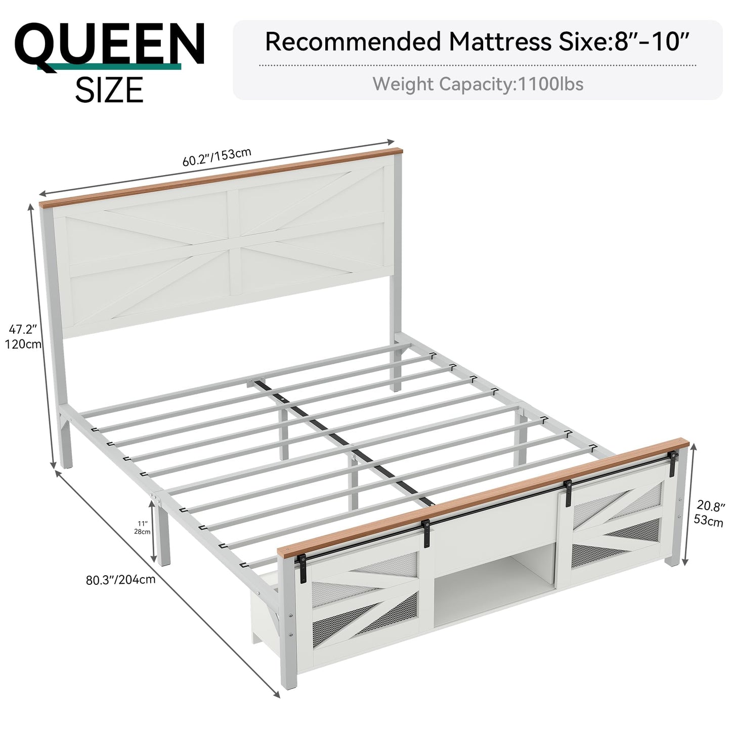 YITAHOME Farmhouse Queen Size Bed Frame with Sliding Barn Door Storage Cabinets, Farmhouse Platform Bed Frame with Headboard Solid Metal Slats Support, Noiseless, No Box Spring Needed, White