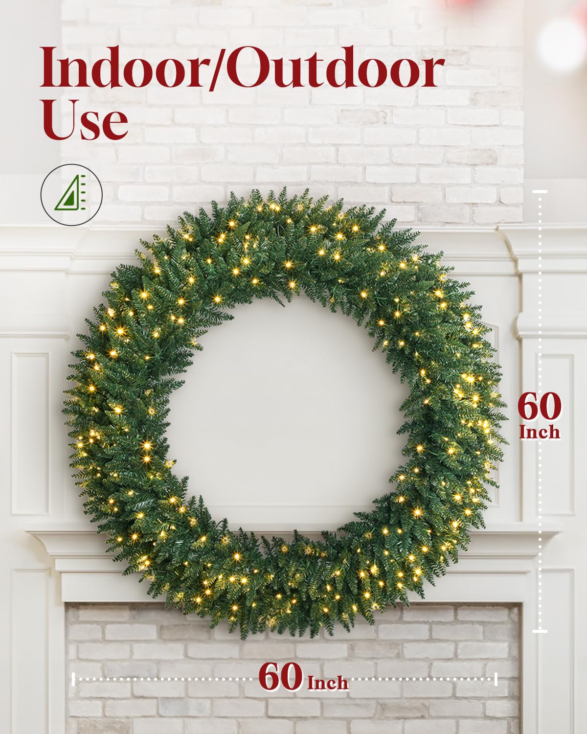 OasisCraft 60 inch Large Artificial Pre-Lit Fir Christmas Wreath with 300 LED Lights, 722 PVC Branch Tips, Holiday Decoration for Door, Power Plug-in, Green