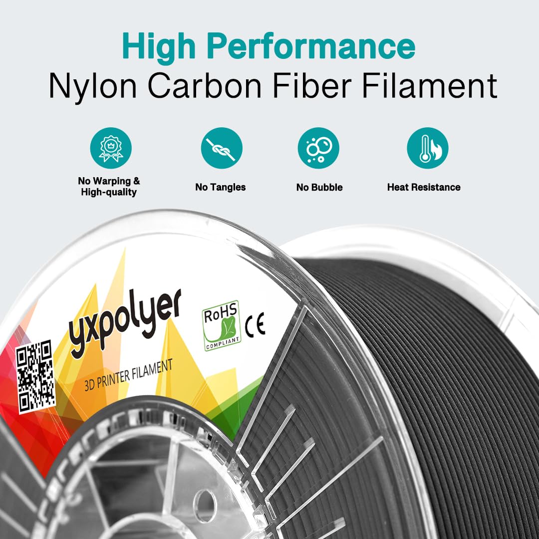 YXPOLYER Carbon Fiber Nylon Filament 3D Printer Filament PA6-CF Filament 1.75mm 1kg with PC Spool, PA6 CF 3D Printing Filament yxpolyer
