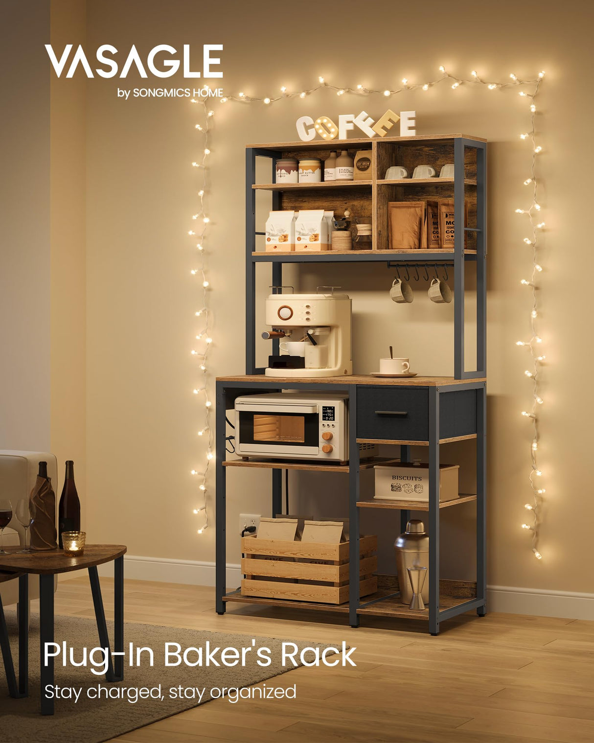 VASAGLE Bakers Rack with Charging Station, Coffee Bar with Adjustable Storage Shelves, Fabric Drawer, 12 Hooks, 15.7 x 31.5 x 71 Inches, Kitchen Microwave Stand, Rustic Brown and Ink Black UKKS015K01 VASAGLE