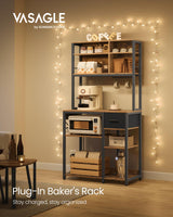 VASAGLE Bakers Rack with Charging Station, Coffee Bar with Adjustable Storage Shelves, Fabric Drawer, 12 Hooks, 15.7 x 31.5 x 71 Inches, Kitchen Microwave Stand, Rustic Brown and Ink Black UKKS015K01 VASAGLE