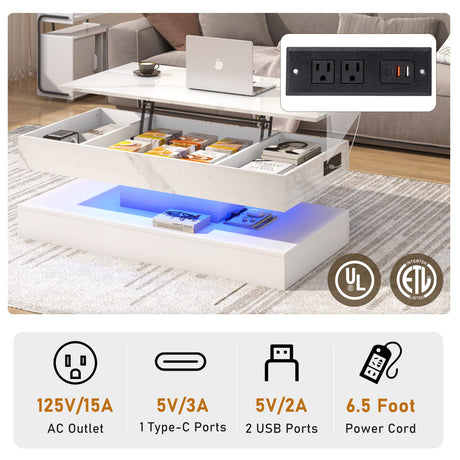 chartustriable 47.2" Large Lift Top Coffee Table with Charging Station, LED Modern High Glossy Center Table with Hidden Compartment Storage, White Lift Living Room Tables with Marbling Print, White chartustriable