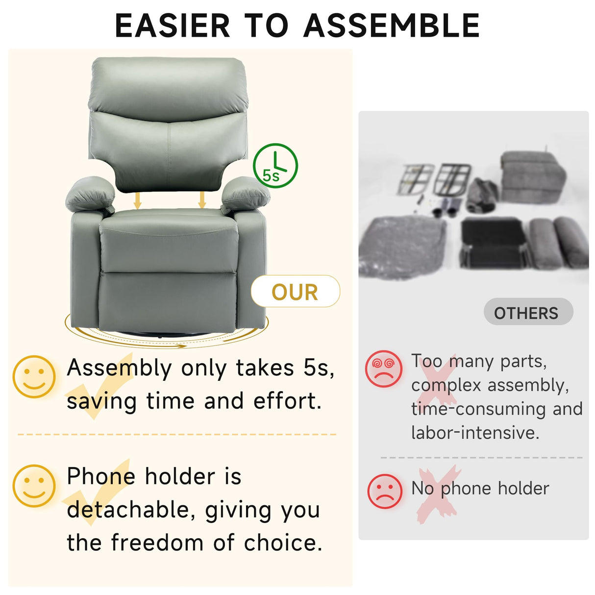 GNMLP2020 Swivel Rocker Recliner Chair for Adults, Rocking Recliner Chair, Manual Small Recliners for Small Spaces, Single Sofa Recliner for Living Room, RV, Green GNMLP2020