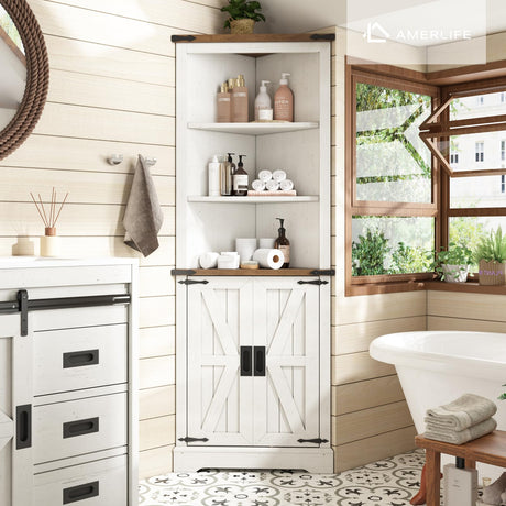 AMERLIFE 68" H Farmhouse Corner Cabinet with Barn Door Design,Wall Corner Cabinet with Adjustable Shelves for Bathroom, Living Room,Antique White & Barnwood AMERLIFE