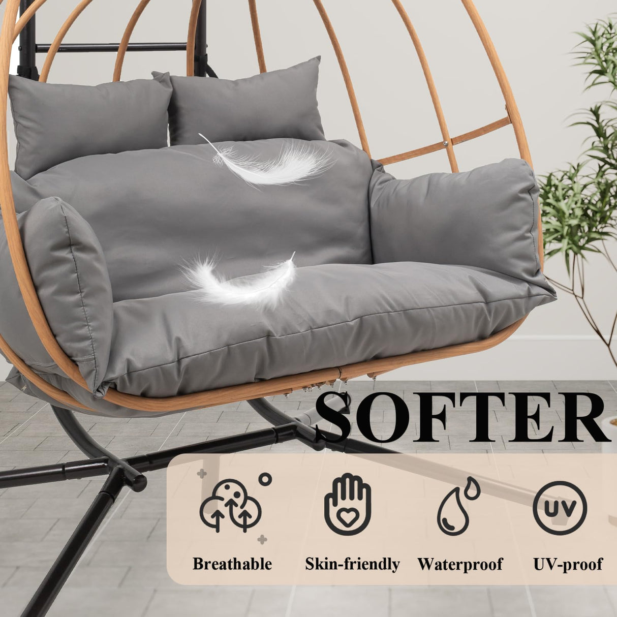 DAYAOUTDOOR Double Egg Chair with Stand, Oversized Egg Chair Outdoor, 2-Person Hanging Eggs Chairs, 600Lbs Sturdy Loveseat Swinging Chair for Balcony, Patio, Deck, Grey DAYAOUTDOOR