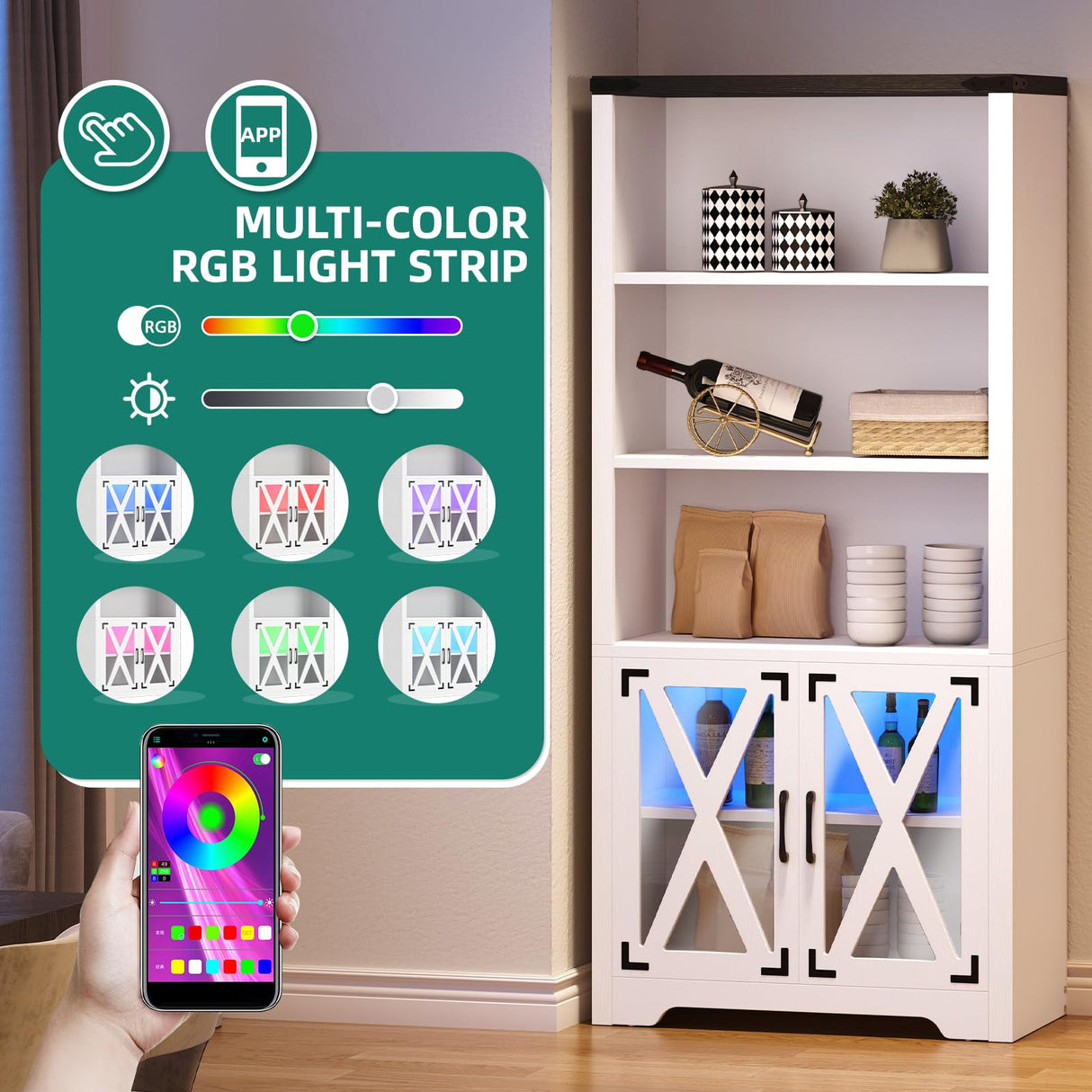 YITAHOME Farmhouse Storage Cabinet with Acrylic Doors & Led Light, 5 Tier Bookshelf and Bookcase, Pantry Cabinet for Living Room, Kitchen, Dining Room - White YITAHOME