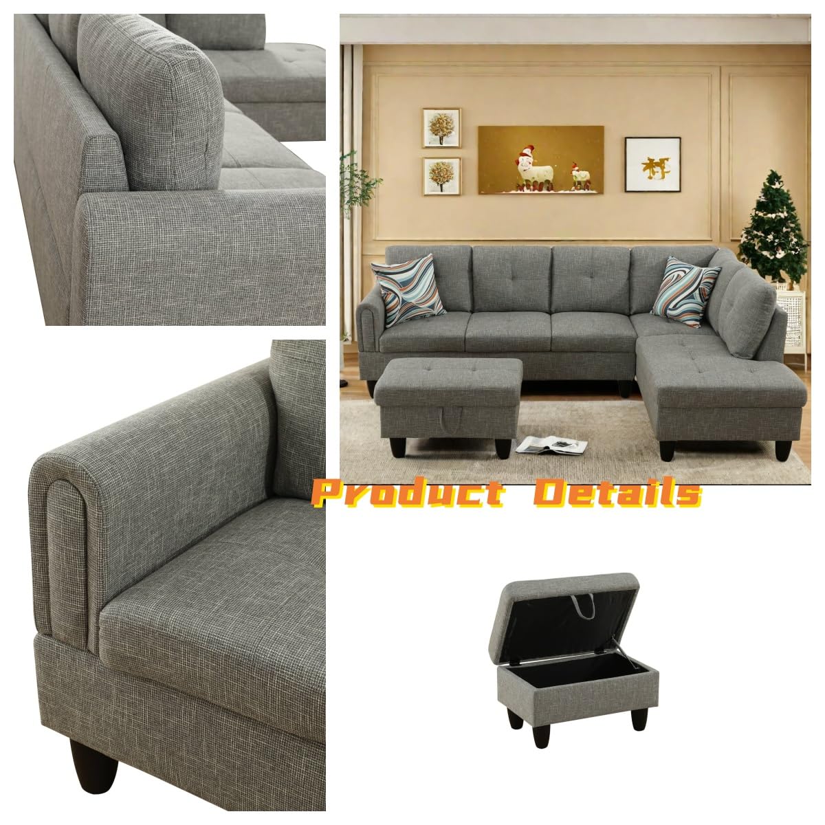 FONTOI L Shaped Sectional Couch with Otttoman, 97" Sectional Sofa for Living Room Flannel Modular Couches with Cup Holders for Bedroom, Apartments, Grey FONTOI