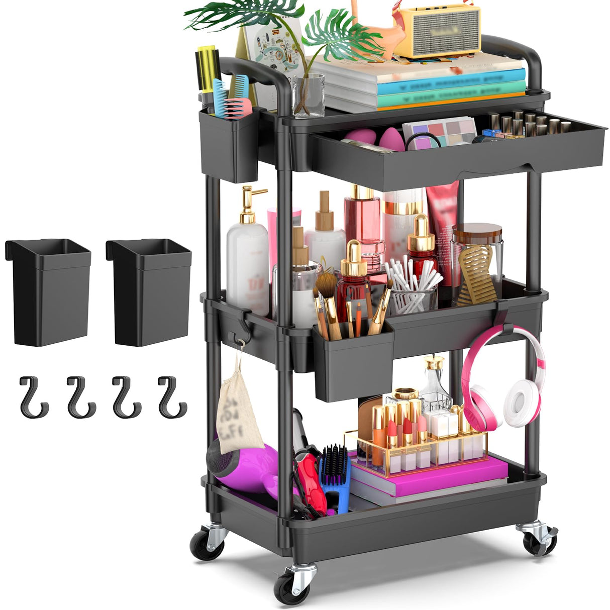 Goovilla 3 Tier Rolling Utility Cart Organizer with Removable Drawer, Stable and Sturdy Black Rolling Storage Carts with 2 Lockable Wheels for Bathroom, Kitchen, Snack, Craft, Makeup, Baby Essentials Goovilla