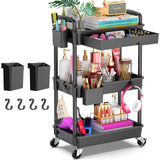 Goovilla 3 Tier Rolling Utility Cart Organizer with Removable Drawer, Stable and Sturdy Black Rolling Storage Carts with 2 Lockable Wheels for Bathroom, Kitchen, Snack, Craft, Makeup, Baby Essentials Goovilla
