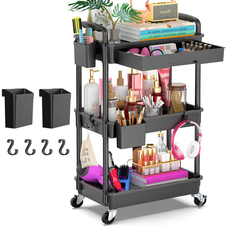 Goovilla 3 Tier Rolling Utility Cart Organizer with Removable Drawer, Stable and Sturdy Black Rolling Storage Carts with 2 Lockable Wheels for Bathroom, Kitchen, Snack, Craft, Makeup, Baby Essentials Goovilla