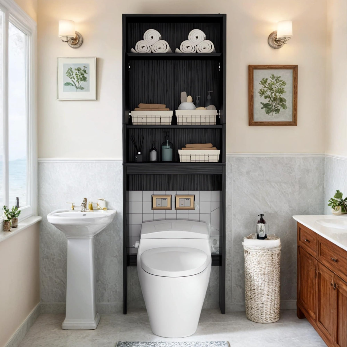 Tydaris Black Over The Toilet Storage Cabinet with Adjustable Shelf and Double Doors Tydaris