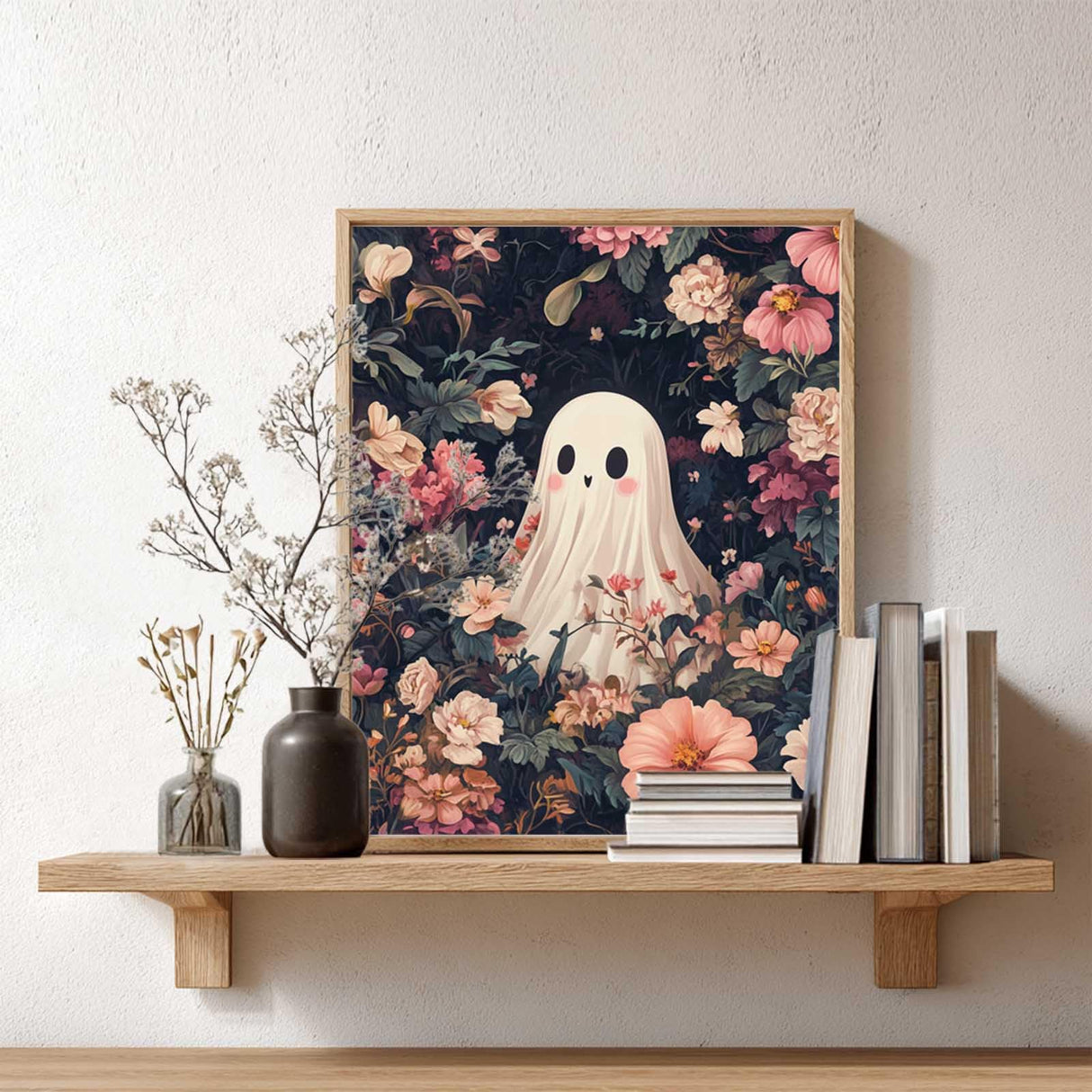 Ghost Paint by Number, Halloween Paint by Numbers Kit for Adults, Horror Acrylic Painting, Ghosts Surrounded by Flowers Pink Poster, Home Bedroom Office Wall Decor(16x20inch, No Frame) Artbrush Tower