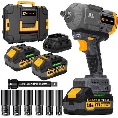 JEXUGK 1500Nm Impact Wrench, 1/2" 1107ft-lbs Cordless Impact Gun with 2 x 4.0Ah Battery, 21V High Torque Power Impact Driver with 6 Sockets,Pistola Llave De Impacto for Truck RV Car Heavy Construction JEXUGK