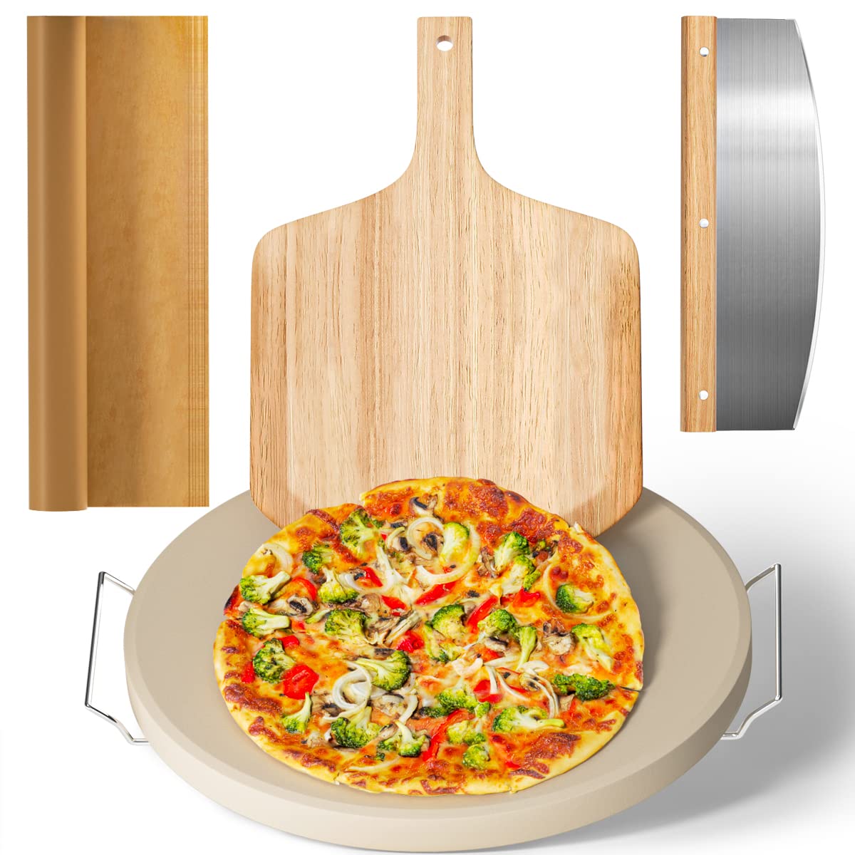 5 PCS Large Pizza Stone Set,Heavy Duty 16" Pizza Stone for Oven and Grill with Handle Rack,Pizza Peel(OAK), Pizza Cutter Rocker & Cooking Paper,Large Baking Stone for Pizza, Bread Gyreuni