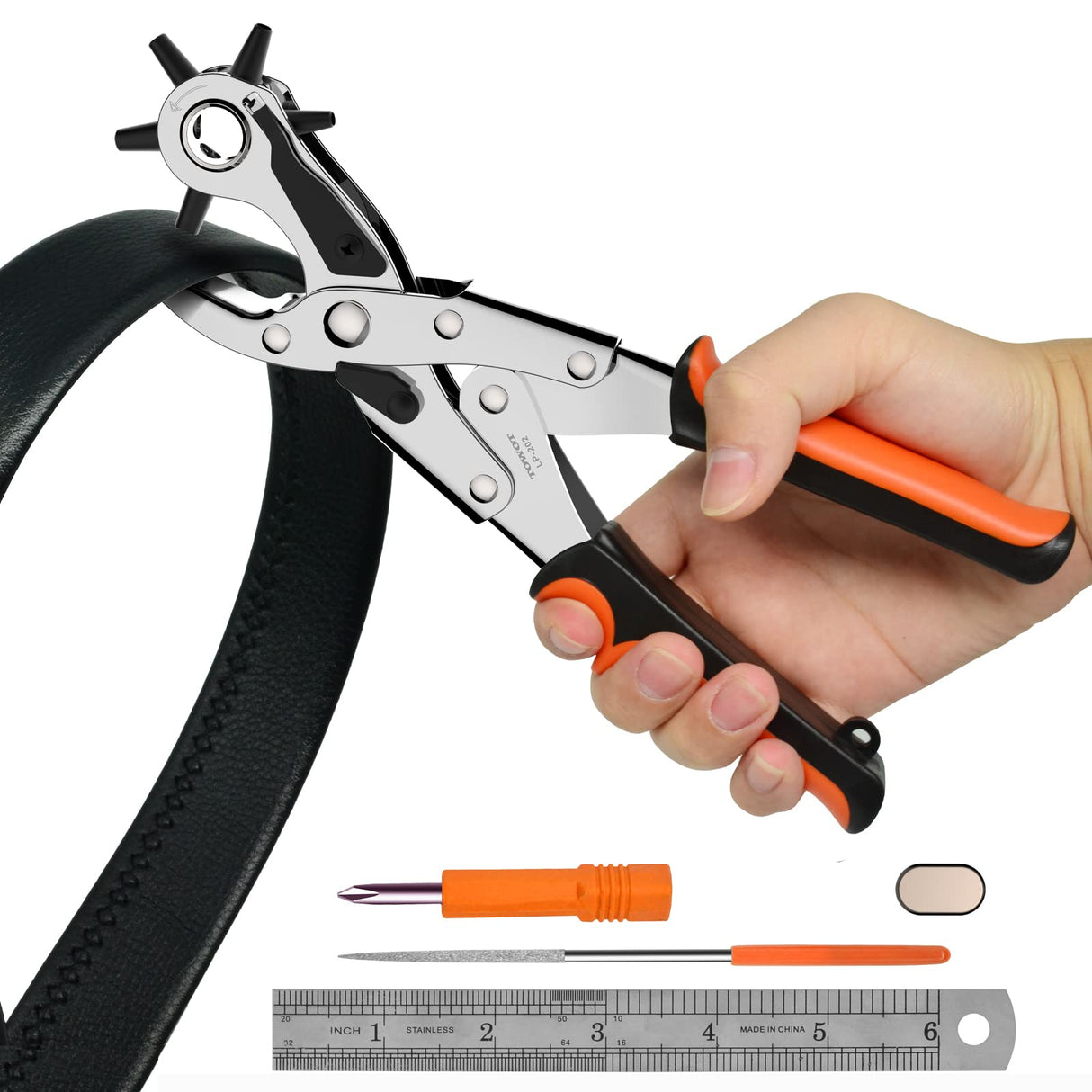 TOWOT Belt Hole Puncher Kit, Upgraded Version Leather Hole Punch for Belt, Saddles, Shoes, Fabric, DIY & Craft Projects, 6 Holes Heavy Duty Rotary Puncher, Easily Punches Perfect Round Holes TOWOT