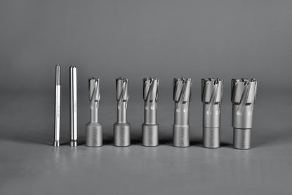 Annular Cutter Set Carbide 8pcs JESTUOUS 3/4 Inch Weldon Shank 1-3/8 Cutting Depth and Cutting Diameter from 1/2 to 1-1/16 Two Flat TCT Bit for Drill Press with 2 Pilot Pins - WoodArtSupply