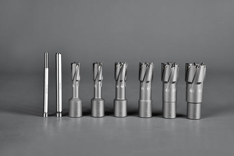 Annular Cutter Set Carbide 8pcs JESTUOUS 3/4 Inch Weldon Shank 1-3/8 Cutting Depth and Cutting Diameter from 1/2 to 1-1/16 Two Flat TCT Bit for Drill Press with 2 Pilot Pins JESTUOUS