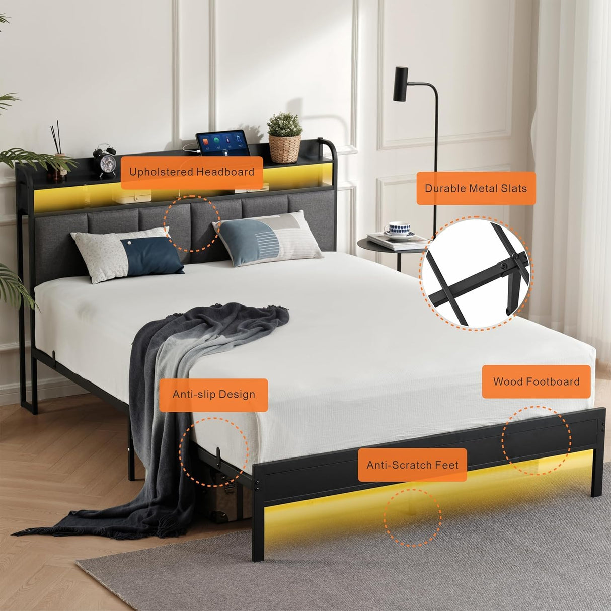 Z-hom Twin Metal Bed Frame with LED Headboard, Charging Ports & Storage Shelves - Grey Z-hom