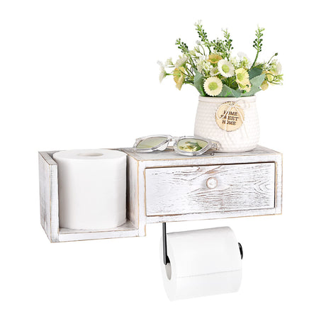 Sumnacon Wood Toilet Paper Holder - Rustic Toilet Paper Holder Wall Mount - Vintage Toilet Paper Holder with Shelf for Bathroom, Kitchen Decor, Whitewash Sumnacon