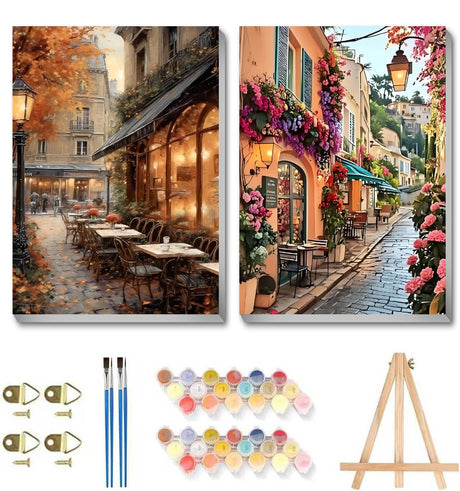 2 Pack Framed Paint by Numbers Kit for Adults - with Wooden Easel, Landscape Paint by Numbers Kit for Adults Framed, DIY Streetscape Paint by Numbers with Frame for Home Wall Decor 8x12 Inch askkqtx