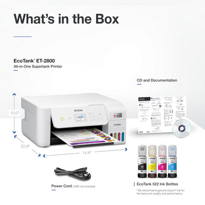 Epson EcoTank ET-2800 Wireless Color All-in-One Cartridge-Free Supertank Printer with Scan and Copy. Full 1-Year Limited Warranty - White (Renewed Premium)