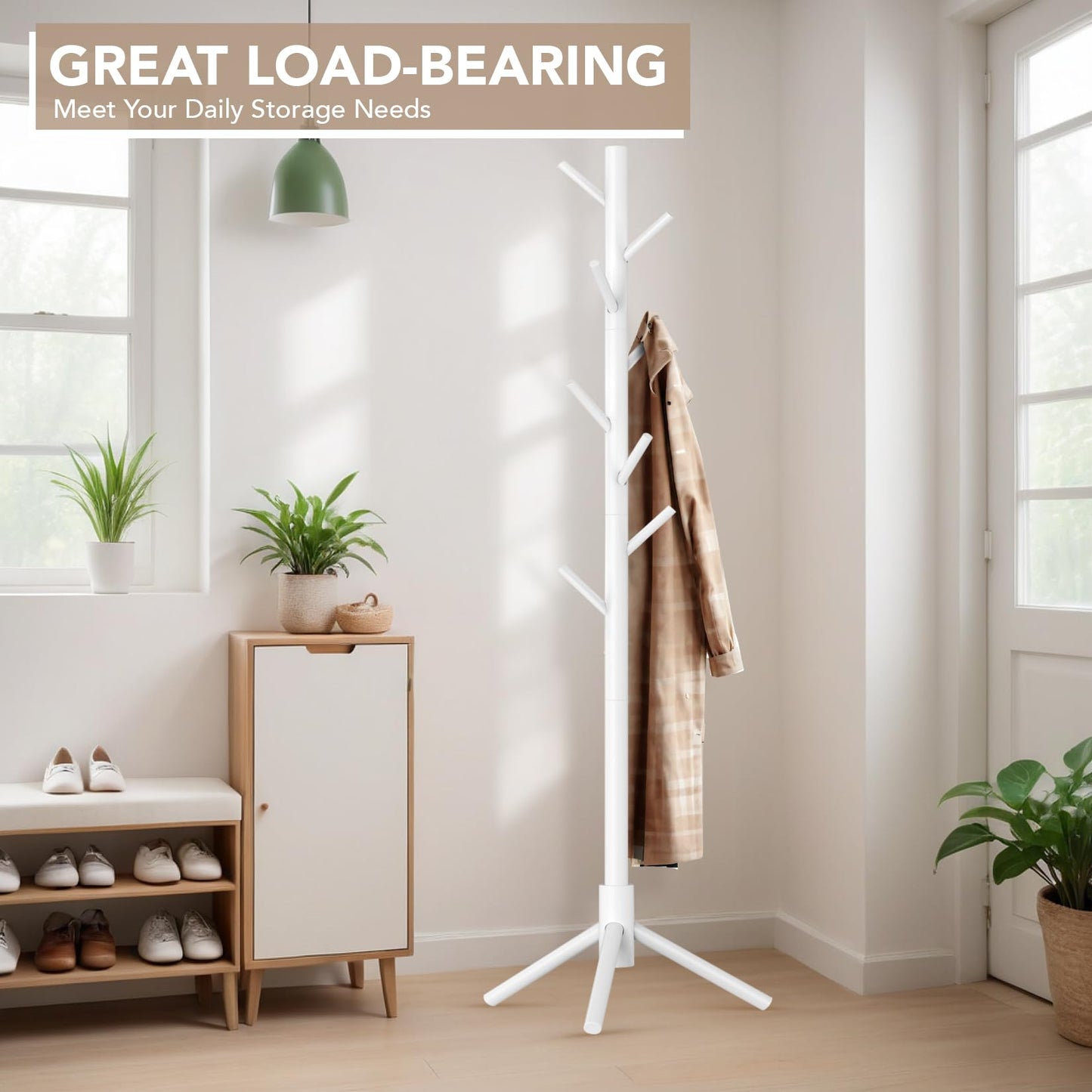 Hupmad Wooden Tree Coat Rack Stand,Sturdy Freestanding Coat Rack with 8 Hooks,3 Adjustable Height for Child Adult,Wood Coat Stand Tree Fits Entryway Bedroom Office for Bags,Hats