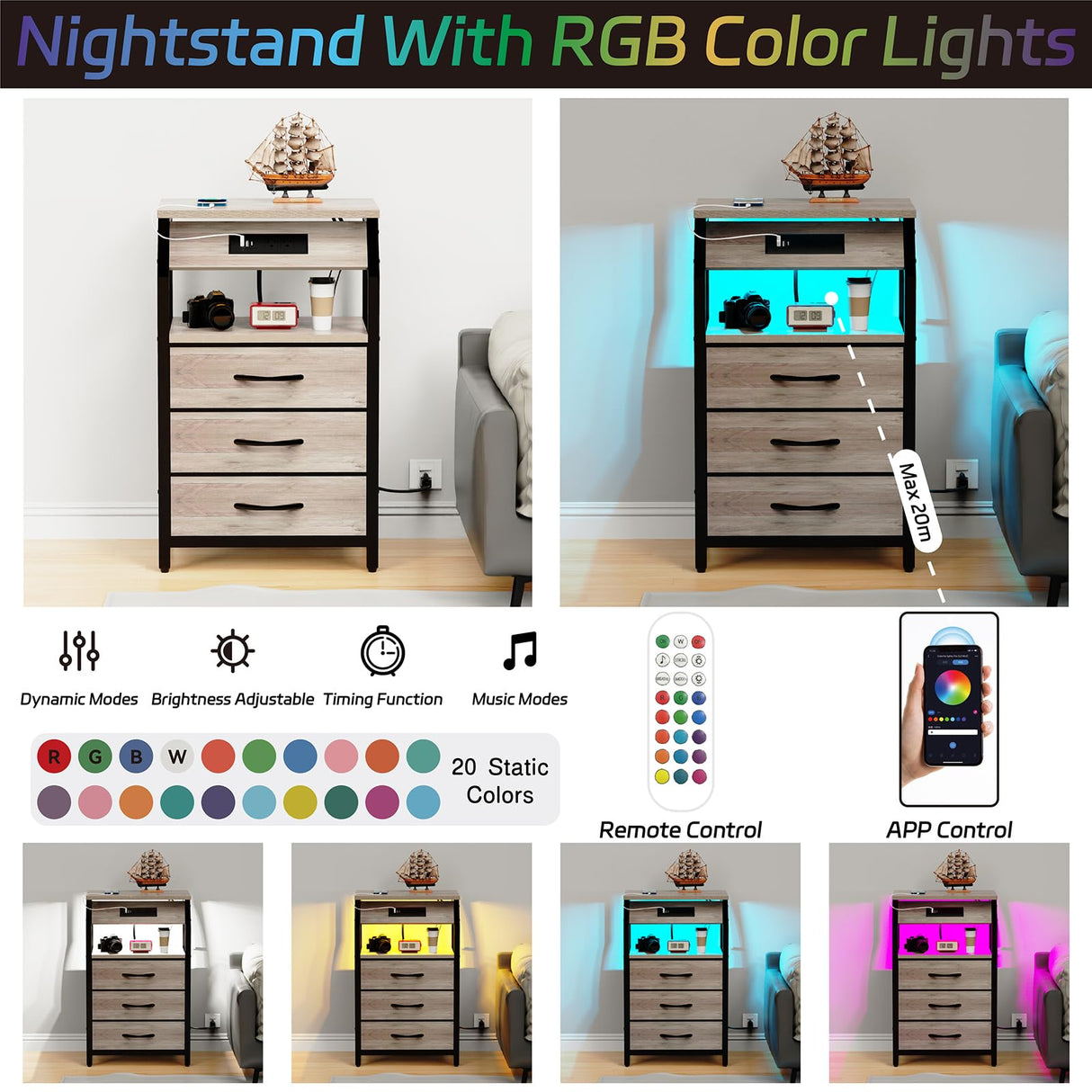 SZLHANJZ End Table with 3 Drawers, Night Stand with Charger Station and LED Lights, Small Nightstand with Fabric Storage, Farmhouse Side Table for Bedside, Living Room, Dorm, Greige SZLHANJZ